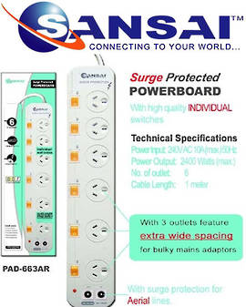 SANSAI 6 Way Surge Protected Power Board with TV Aerial line